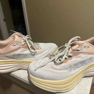 Hoka Women's White Sneakers with Beige and Soft Yellow Accents